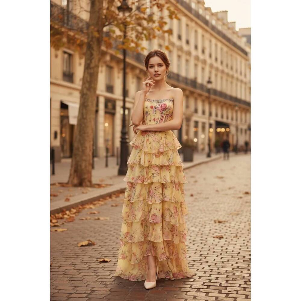 NEW COUTURE LEE satin evening gown with sheer beaded bodice in yellow